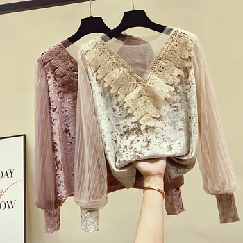 

Long Sleeve Basic Shirts for Women 2019 New Autumn Winter V Neck Patchwork Lace Gold Velvet Pullovers Blouses Casual Tops