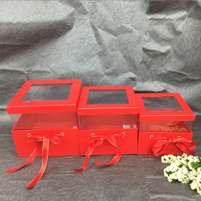 Креативная круглая квадратная полупрозрачная ПВХ Цветочная коробка, подарок на день рождения, украшение дома, упаковка, букет цветов, коробки - Цвет: red square