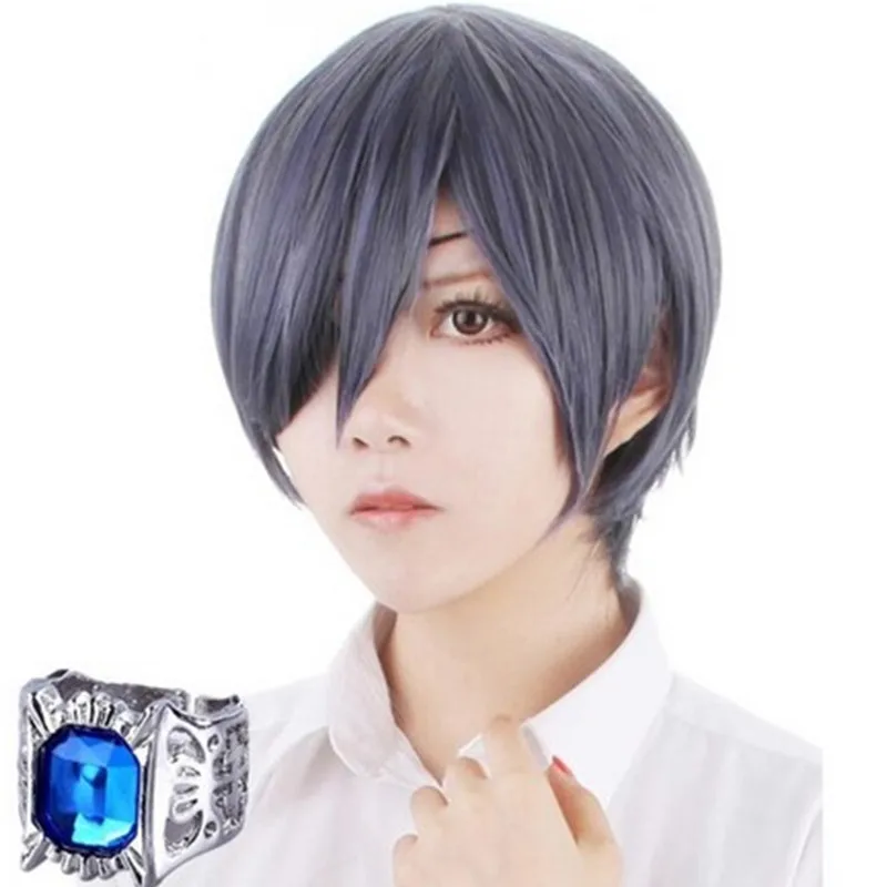 NO2 Wig And Rin Черный Дворецкий куросицудзи Ciel Phantomhive короткий Смешанный серый синий термостойкий косплей костюм парик+ повязка на глаза+ кольцо - Цвет: NO2 Wig And Rin