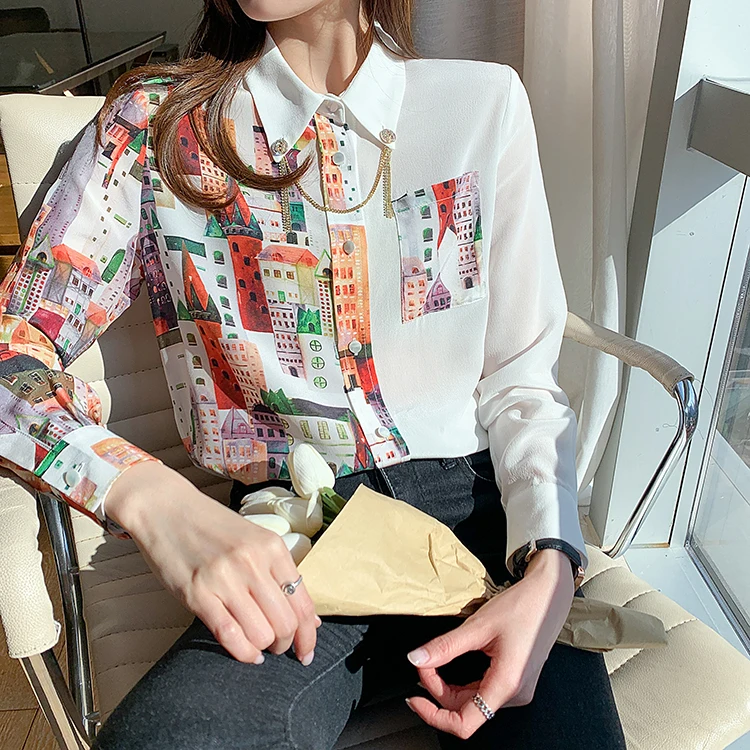 بلايز بلوزة شيفون تصاميم المرأة الكورية طويلة الأكمام قمصان رسميه برسوم جديد ملابس العيد لعام2022