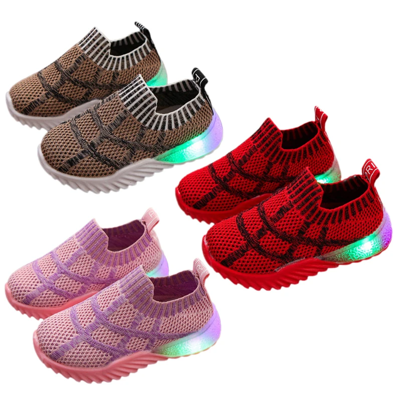 

Baby Kids Boys Girls Breathable Anti-Slip Plaid Print LED Shoes Sneakers Toddler Soft Soled Walking Shoess