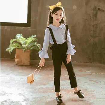 

Cuhk Children's Clothing Sets Teenager Girl Stripe Shirt And Suspender Pants 2pcs Girls Outfits Fashion Casual Toddler Kids Suit
