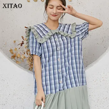 

XITAO Korean Style Dress Women Peter Pan Collar Patchwork Personality Fashion Loose Print Plaid 2020 Summer Small Fresh DMY4465
