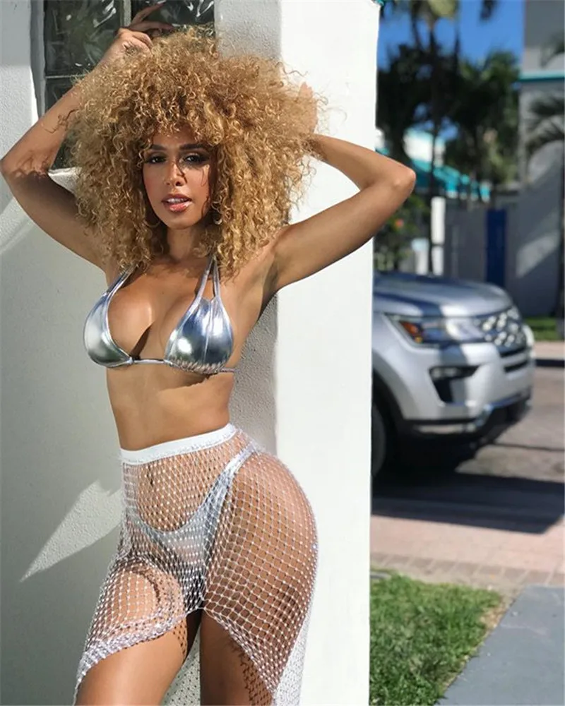 Shiny Diamante See Through Skirt Sexy Side Slit Fishnet Grid Patchwork Elastic Waist Women Skirts Summer Lady Swimwear Cover UP