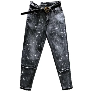 

2020 spring autumn diamond casual jeans women high waist loose harem pants plus size 3XL