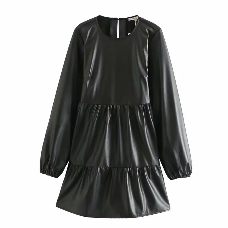 

2020 Korean-style Autumn And Winter Retro Solid Color Versatile Loose-Fit Lotus Leaf bian gang Kong-Style INS Dress PU Leather H