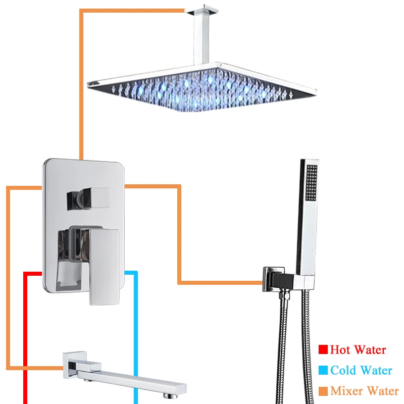 Смеситель для ванной комнаты, Хромированный Светодиодный дождевой кран-смеситель для ванной и душа, потолочный смеситель для ванны и душа, кран для ванной комнаты, смеситель для душа