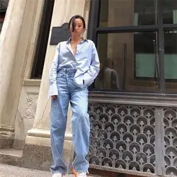 2019 Модные женские синие свободные джинсы повседневные Асимметричные талии прямые брюки длинные карманы джинсы