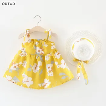 

OUTAD Baby Girls Dress White Magnolia Printed Baby Girls' Fresh Sling Spaghetti Strap Casual Swing Princess Dress with Match Hat