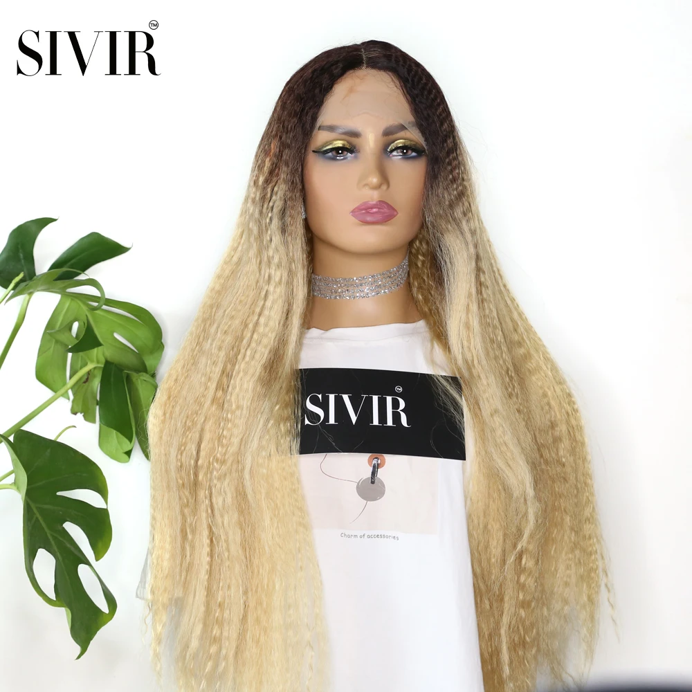 Middle Part Long Kinky Straight Synthetic Hair Lace Wigs For Women Ombre Brown Blonde Color Lace Front Wig With Natural Hairline