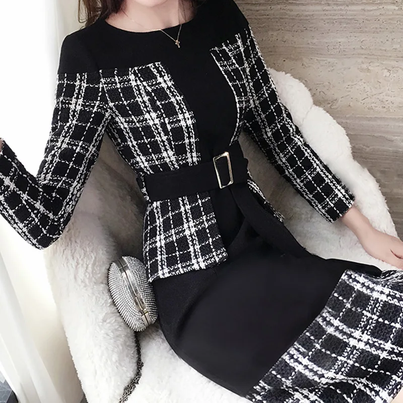 Женское платье, осень и зима, стиль, элегантная приталенная облегающая базовая юбка-футляр, толстая ложная двухкомпонентная клетчатая трапециевидная юбка