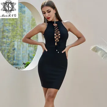 

Foreign trade inventory wearing rope topless Halter sexy bodycon dress black skinny dress