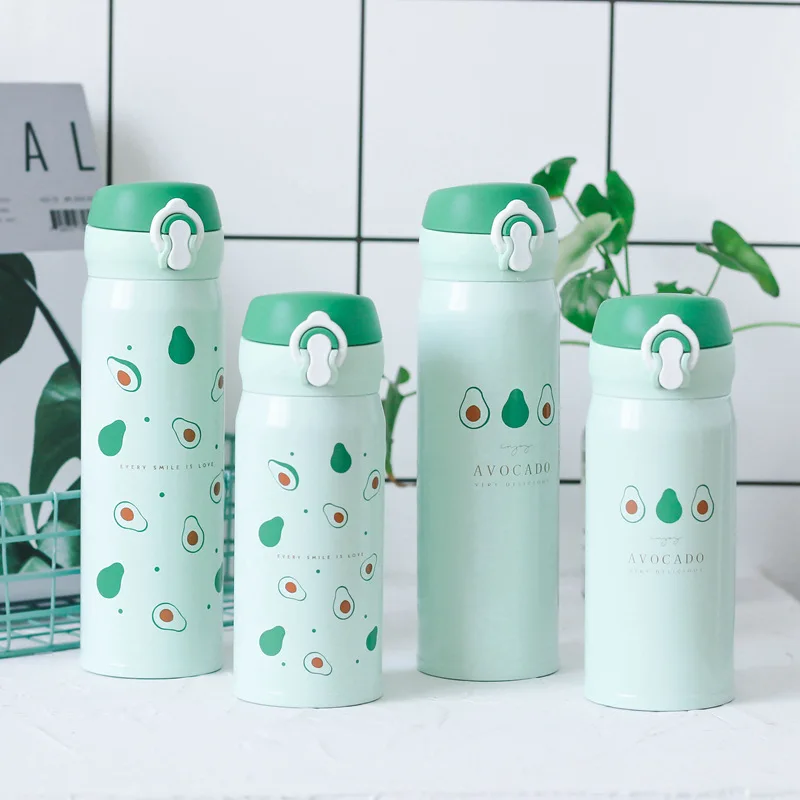 

Japanese Style Northern European-Style Simple Bounce Cover Glass INS Avocado Stainless Steel Vacuum Flask Couples Portable Bottl