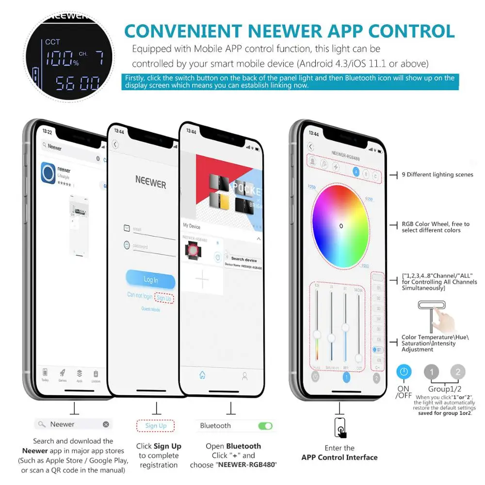 Светодиодный видеосветильник Neewer RGB с управлением через приложение регулируемый