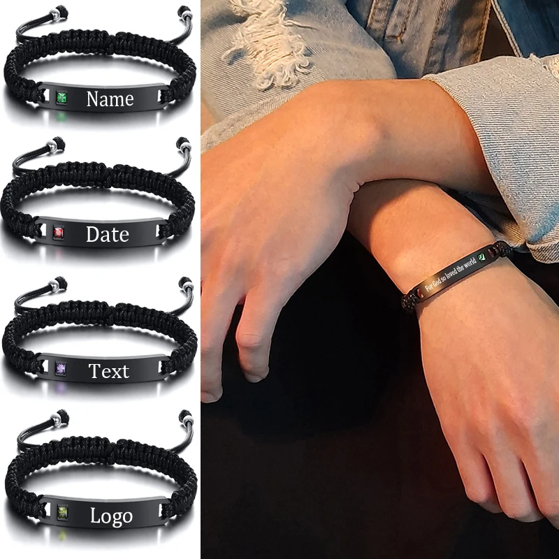 Personalized Birthstone Braided Bracelets Engraved Name Stainless Steel Bar Woven Wristband For Women Men Birthday Gift | Украшения и