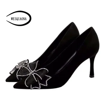 

WEIQIAONA New Summer Women's shoes Casual Sweet Pumps High Heels Pointed with big bow shoes party wedding shose