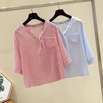 

Fashion Blouse Women V-Neck Stripe Print 3/4 Sleeve Pocket Tops Loose Shirt Blouse blusas de gasa mujer Tunique Femme bluzka