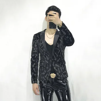 

Luxury mens black velvet silver glitter arrow tuxedo jacket event/stage performance/stage performance/ASIA SIZE