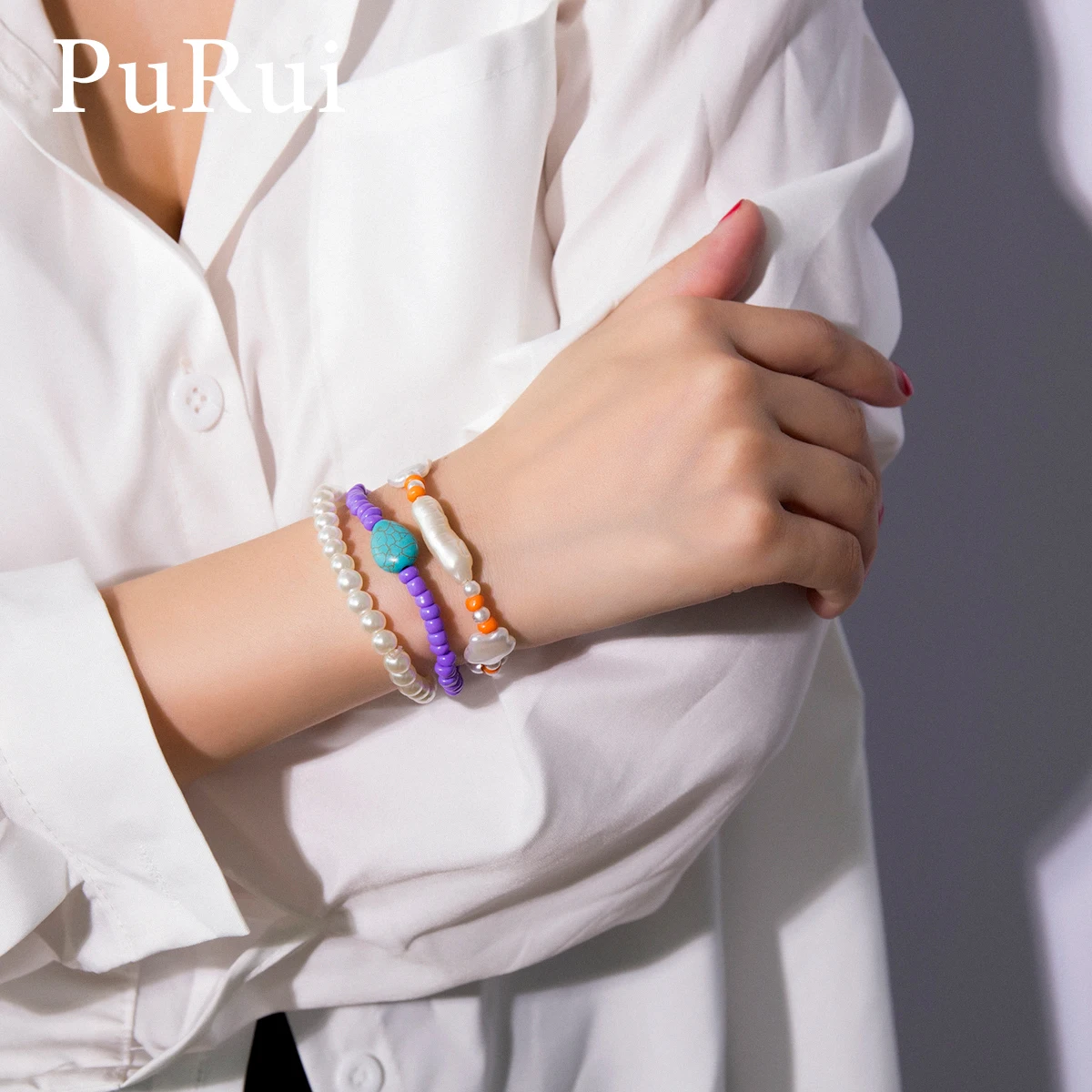 

PuRui 3pcs Imitation Pearl Beads Strand Bracelet Set Star Stone Charm Bracelet for Women Jewelry Elastic Band Bracelet Bangle