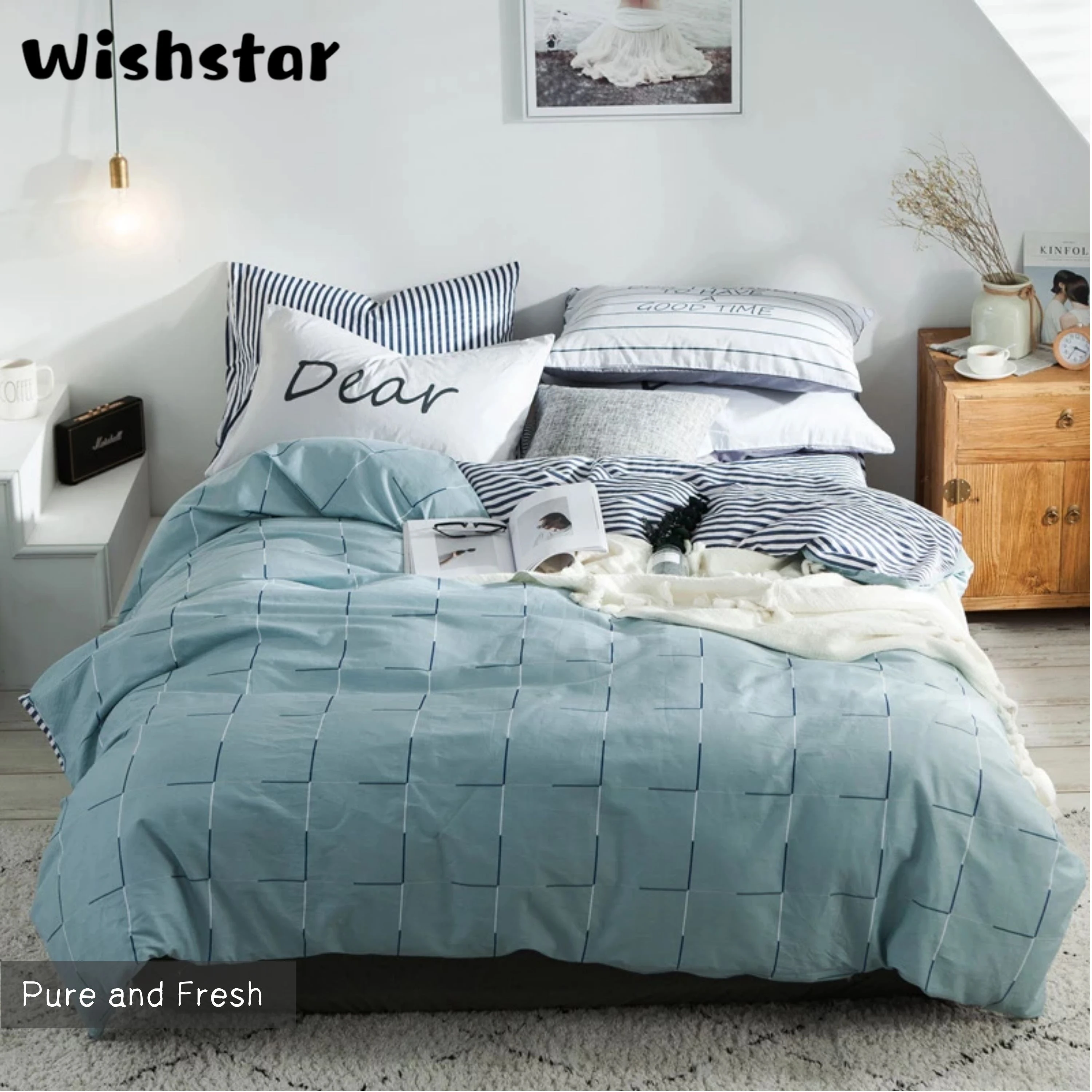 

Wishstar Nordic Simple Geometric Blue Duvets And Linen Sets 100% Cotton Man Elastic Fitted Sheet Bedding Set Single Double Size