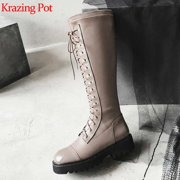 

Krazing pot genuine leather round toe thick med heel lace up movie star original design keep warm stretch knee-high boots L34