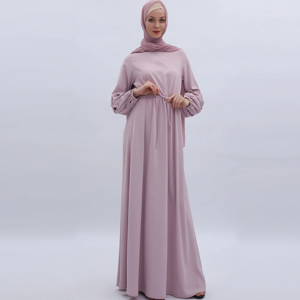 

Solid Color Women Long Dress Lantern Sleeve Arab Islamic Muslim Ramadan Abaya Elastic Maxi National Style Moslem Turkey Caftan