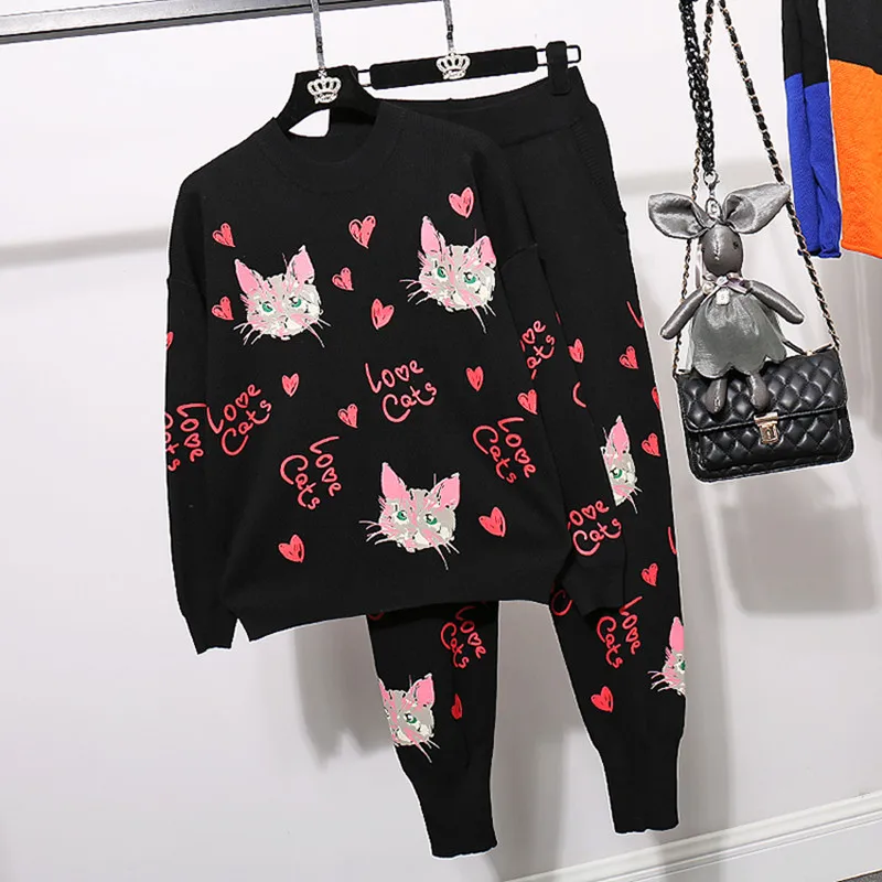 

Autumn Loose Women Cartoon Knitted Sweater + Casual Pants 2pc Set Women Black Pullover Knitting Trousers Suit Tracksuit Female