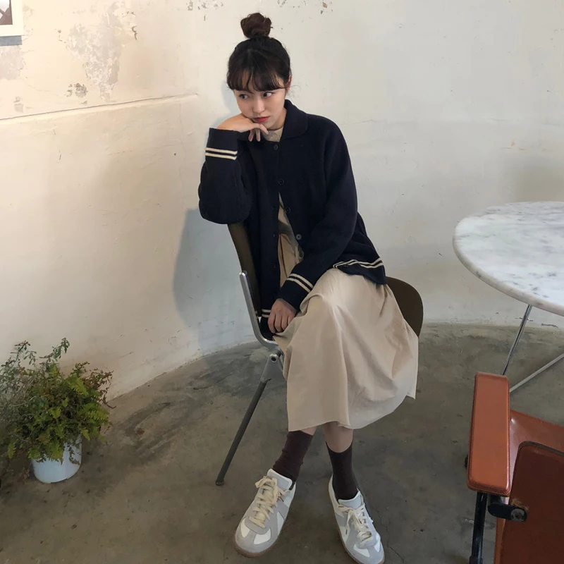 Женские свитера японский Kawaii Ulzzang полосатый контрастный свитер с отворотом и длинным рукавом Женская Корейская Harajuku одежда для женщин
