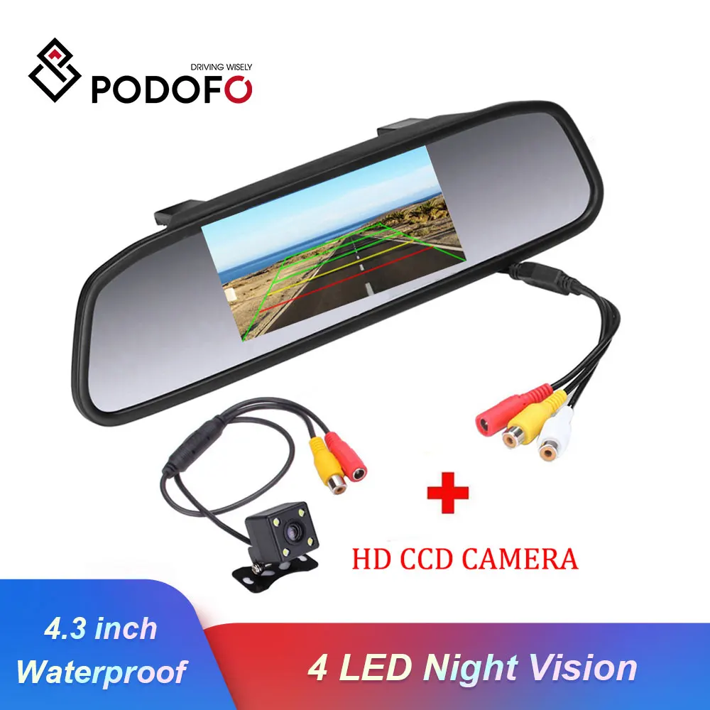 Podofo CCD HD водонепроницаемая система парковочных мониторов, 4 светодиодный монитор ночного видения, Автомобильная камера заднего вида+ 4,3 дюймовый автомобильный монитор с зеркалом заднего вида