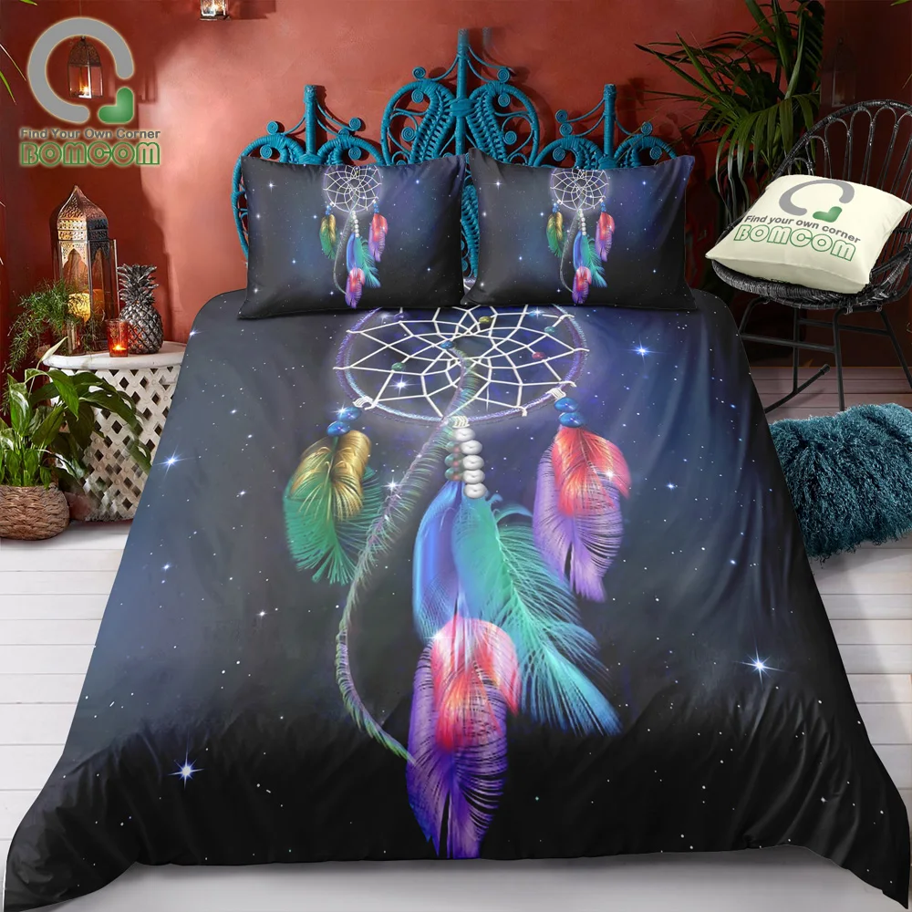 

BOMCOM Digital Printing Bedding Set Glittering Dream Catcher Starry Sky Rainbow Feather Duvet Cover 100% Microfiber