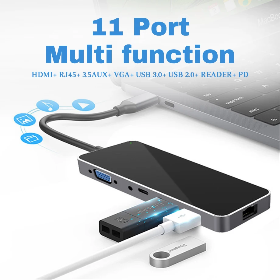 Asunflower Многофункциональный USB C концентратор для MacBook Pro док-станция 4K HDMI A VGA адаптер type C к USB 3,0 2,0 RJ45 с PD зарядным портом