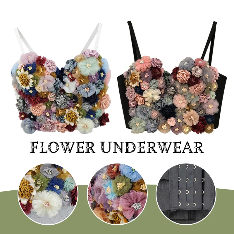 

Super Fairy Flower Embroidery Tank Top Women Lace Flowe Corset Crop Tops Sexy Party Nightclub Camisole Female Bustier Bra
