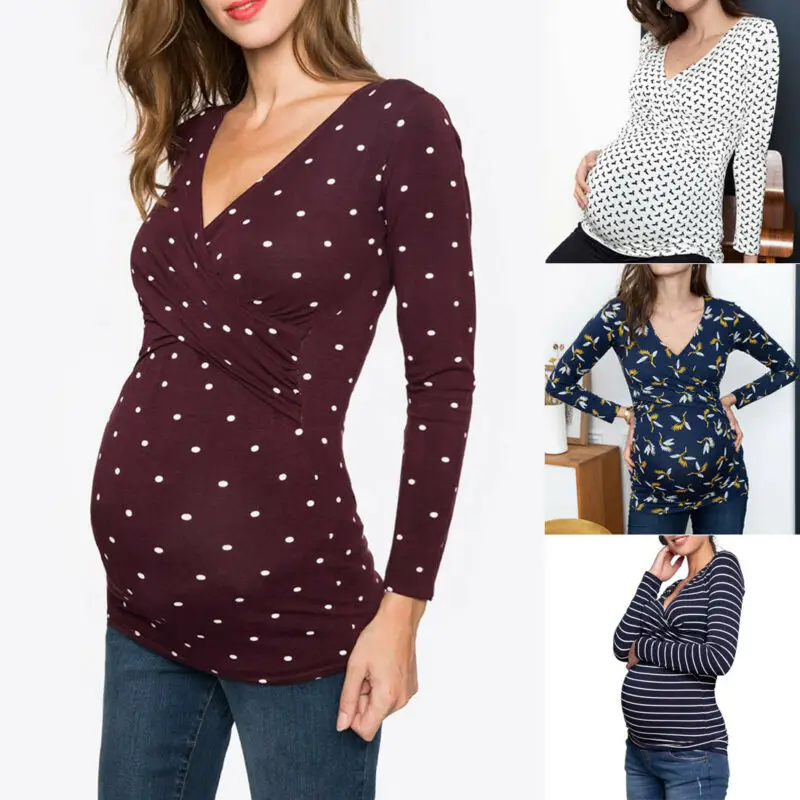 Женская одежда для беременных Одежда для кормления Футболка Блузка Повседневная С v-образным вырезом и принтом Одежда для беременных женщин