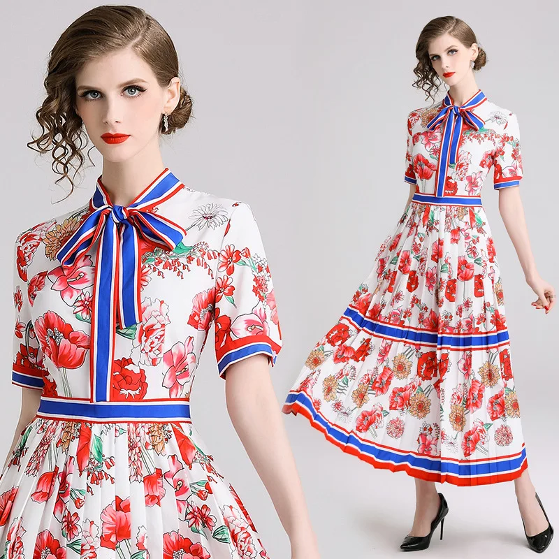 

2019 Spring New Style Europe And America WOMEN'S Dress of LED Long Sleeve Waist Hugging Swinging Skirt Pleat Floral Printed Dres