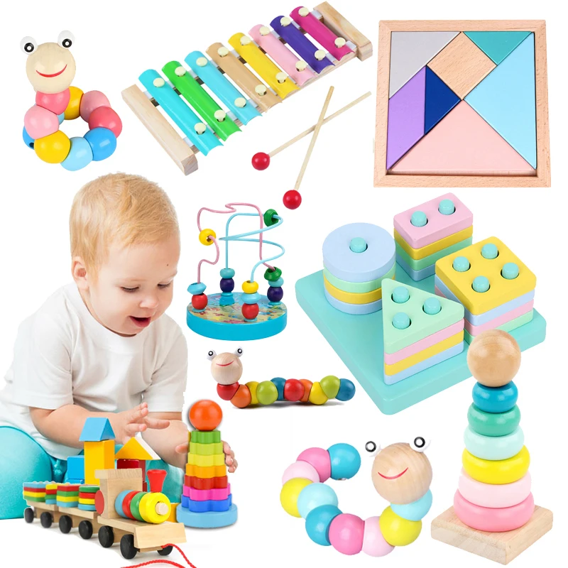 Wooden 9 Shapes Colorful Puzzle Toy Baby Educational Bricks Toy Wood Toys 