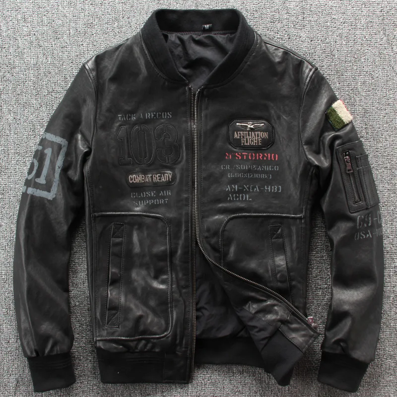 

2020 New Men Spring/Autumn A2 Pilot Jackets Indian Pattern Genuine Sheepskin Leather Jacket 100% Real Oil wax bomber jacket