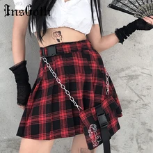 InsGoth женские юбки уличная консервативный Стиль Высокая талия шикарные юбки в складку готический панк плед красные плиссированные мини юбки Harajuku