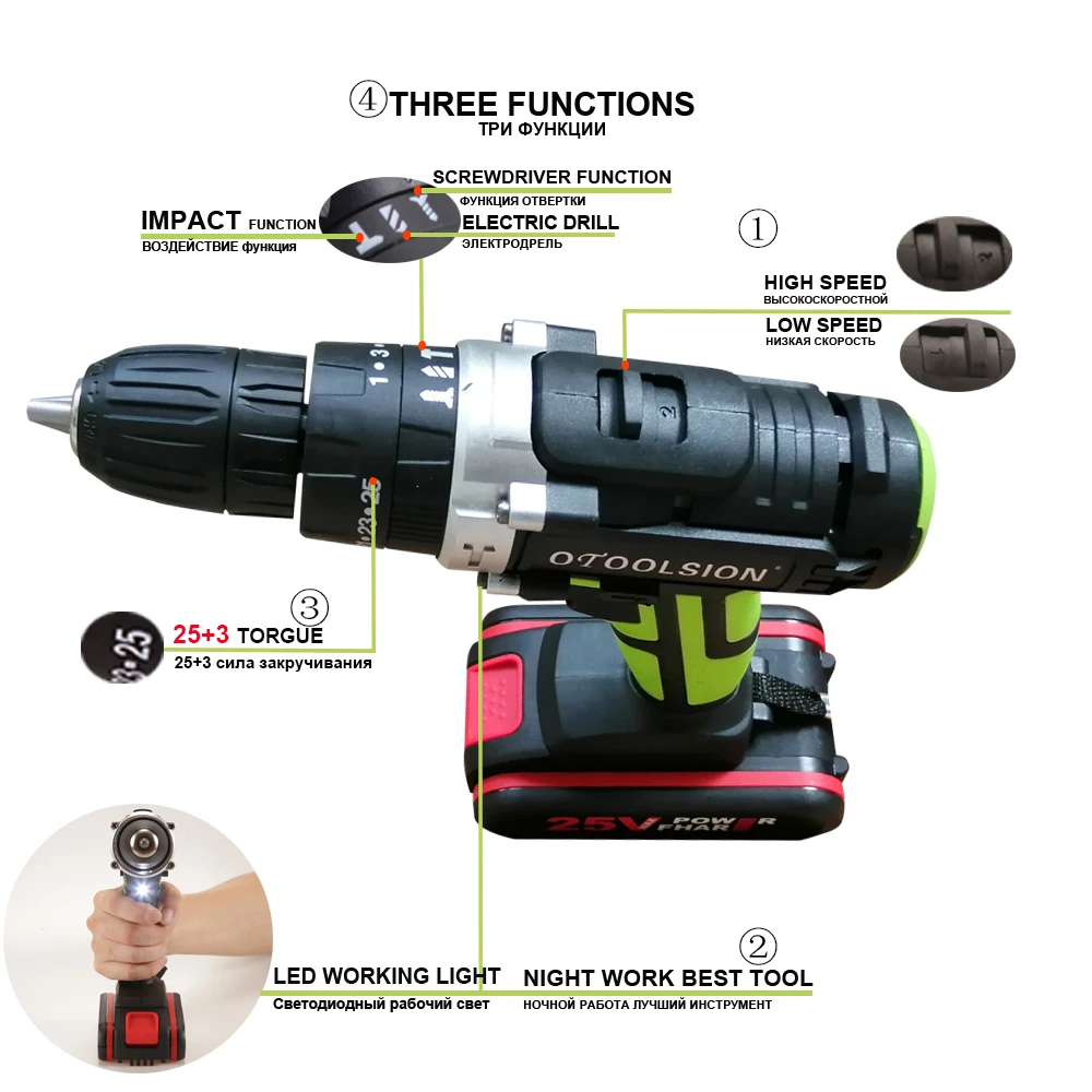 25V Impact Power Tools 25+3 Torque Impact Drill Multifunctional Electric Tools Cordless Drill Power Drill Cordless +Tool  Bag (12)