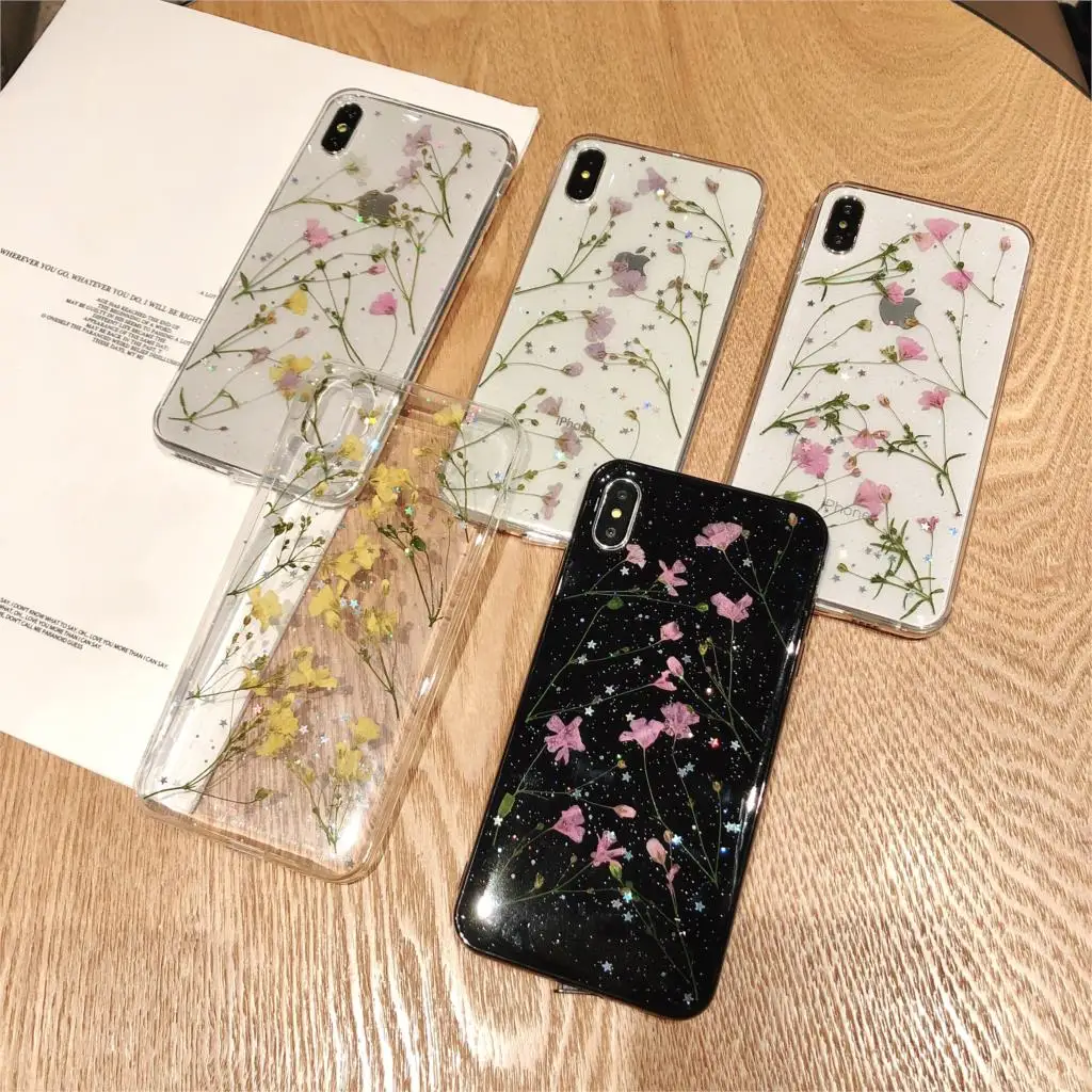 

For iphone X xs max XR Case Dried Real Flower Handmade Clear Pressed Phone Case For iPhone 6 7 8 Plus Soft TPU Back Cover Capa