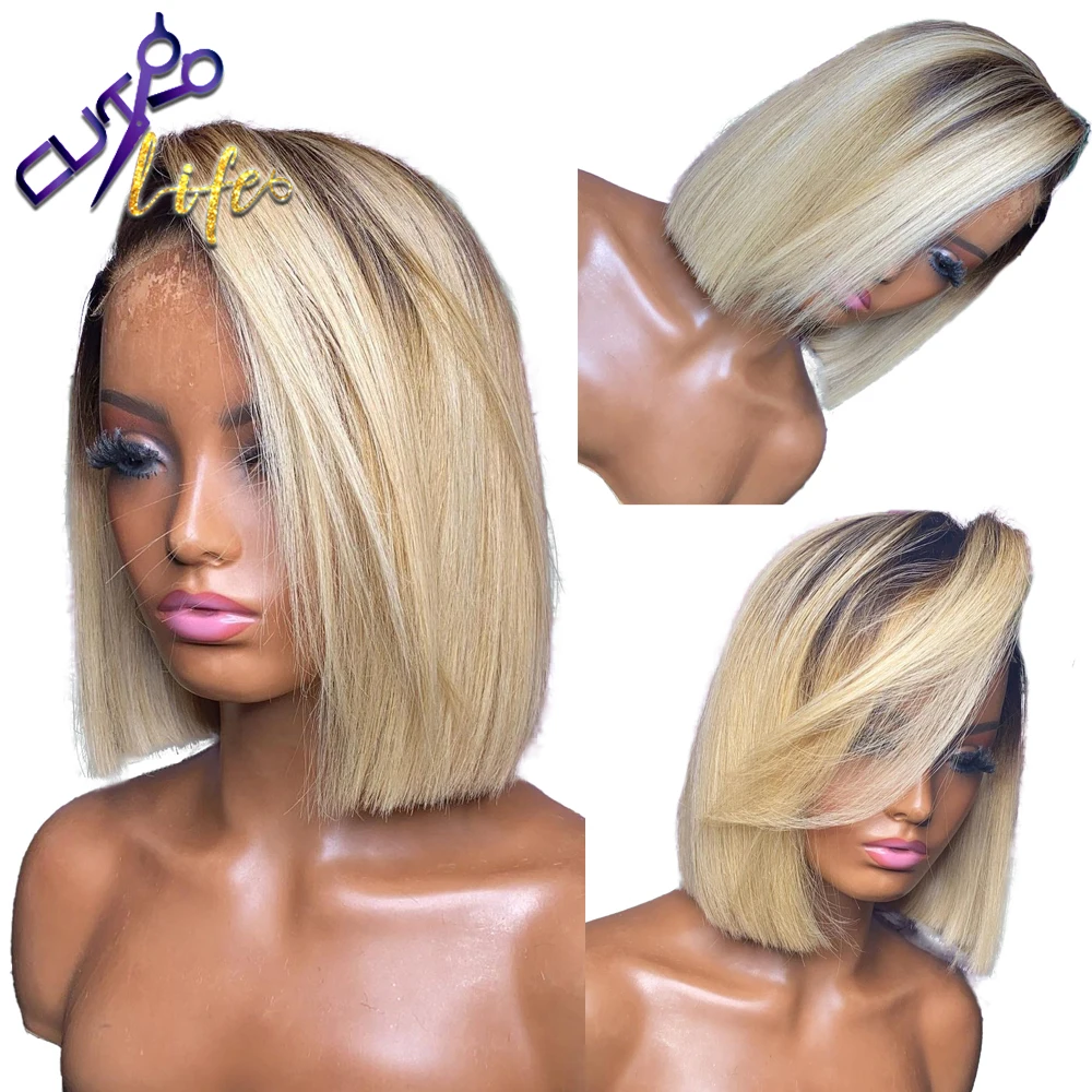 1BT613 Blonde Wig Short Bob Cheap Wig 4x4 Lace Closure Pixie Cut Wavy Brazilian Pixe Straight Human Hair Wigs For Women