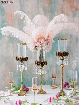 

European Retro Feather Glass Vase Wedding Road Introduction Vases for Wedding Floral Display Table Candlestick Decoration
