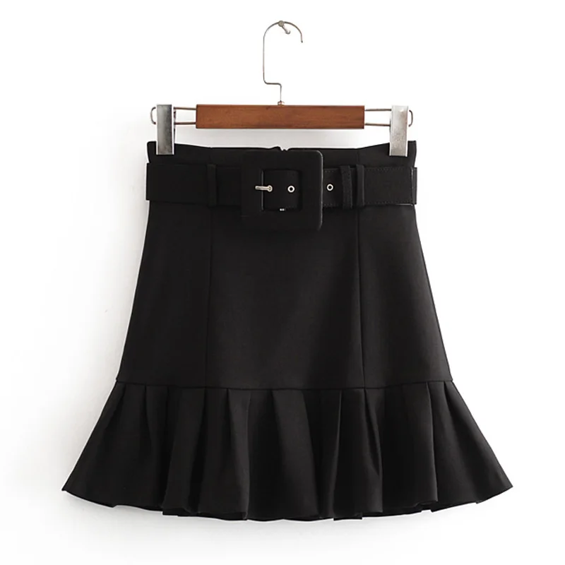 Новое поступление, женская модная черная юбка с поясом на талии, элегантная женская плиссированная мини-юбка, повседневная юбка, Jupe Femme - Цвет: PIC