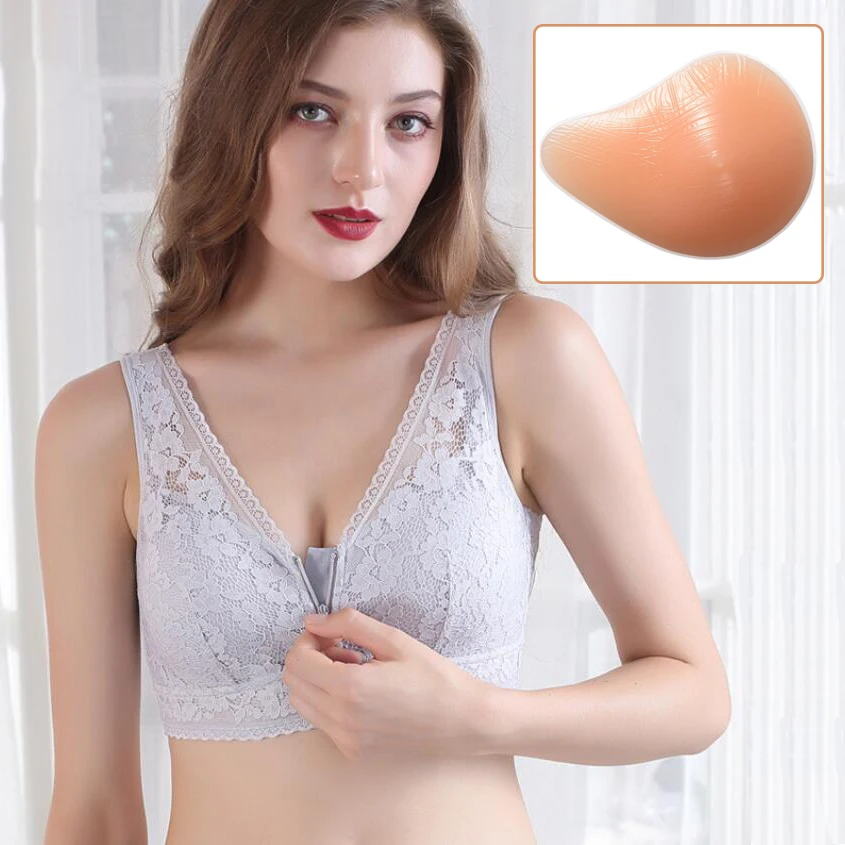 

Silicone Breast Bra Gray Front zipper Mastectomy Bra with Pocket and Spiral Fake Breast Forms Prosthesis Fake Boobs 300g D50