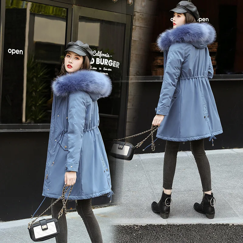 

Fashion Photo Shoot 2019 plus Velvet Jacket Woman Cotton Dress Parka Thick Extra-large Waist Hugging Hooded Large Fur Collar Kor