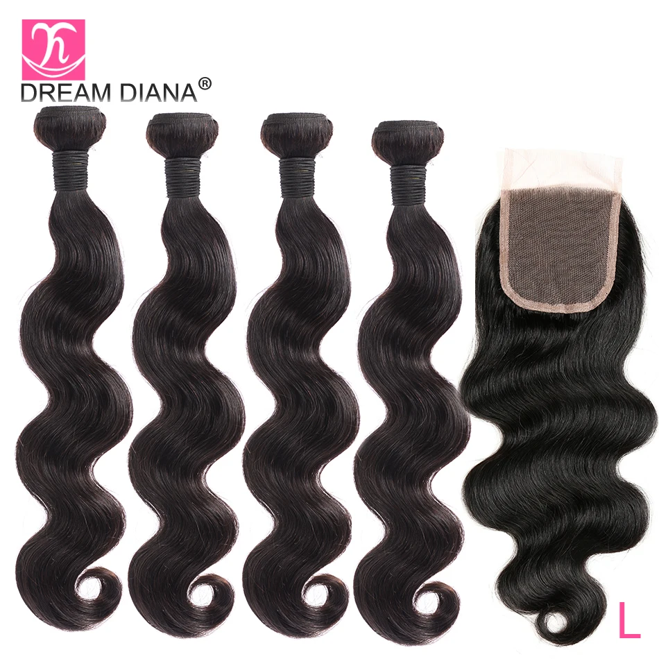 DreamDiana малазийские пряди волос с закрытием 8 "-28" L Remy объемная волна 100%