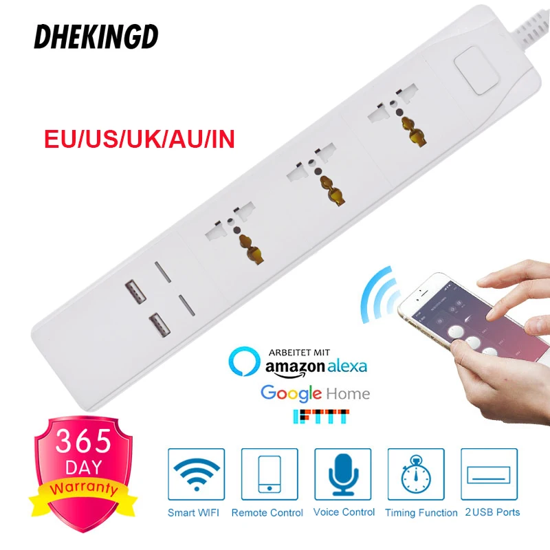 

Wifi Smart Power Strip Universal 3 Sockets 2 USB Charging Station Work with Alexa Google Home IFTTT UK/AU/EU/US Adapter Plugs