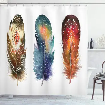 

Asian Shower Curtain, Feathers with Ornament Ceremonial Esoteric Inspired Design Print, Cloth Fabric Bathroom Decor Set with