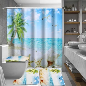 

4 In 1 Ocean Beach Tree Bathroom Non-slip Mat Set Durable Waterproof Shower Curtain Set Bathroom Mat Rugs Decoration