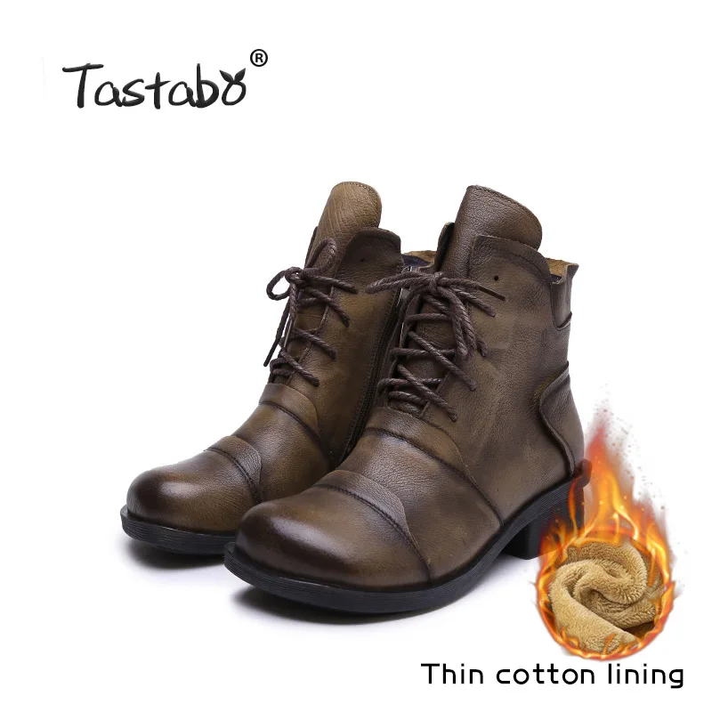 Khaki-winter Tastabo женские ботильоны из натуральной кожи повседневные женские ботинки цвета хаки, черного, красного, винного цветов удобная мягкая подошва в стиле ретро, S88205 - Цвет: Khaki-winter
