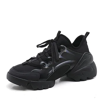 

New 2020 Casual Shoes Woman Cross Tied Real Leather Thick Bottom Heel Platform Trainers Running Shoes Black Women Sneakers